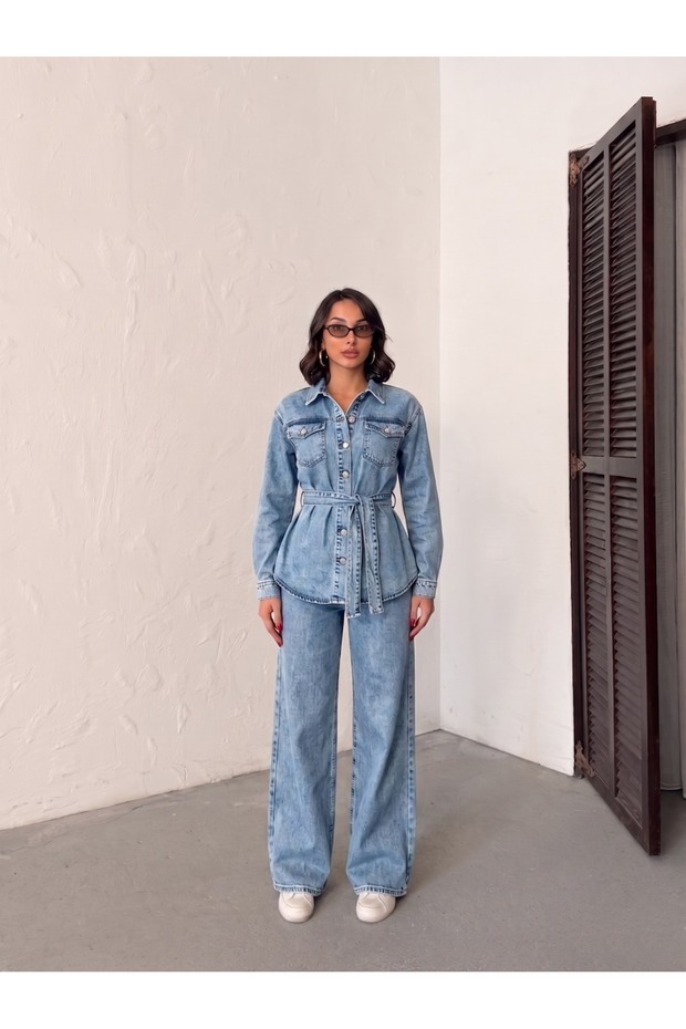 Ice Snow Belt Detail Double Layered Jacket and Jeans Set