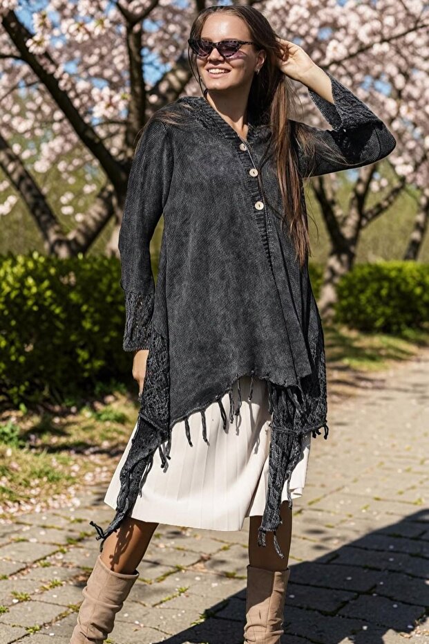 Hooded Skirt with Tassels, Openwork Buttons, Cotton Cardigan