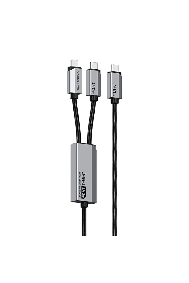 كابل USB-C إلى USB-C 2 في 1 من CABLETIME، كابل USB-C مزدوج المخرج بقوة 140 واط للشحن السريع