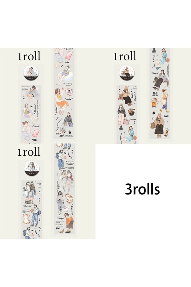 S27219-456 3rolls Characters Wear to Work PET Tape DIY Handbook Material Collage Phone Case Greeting