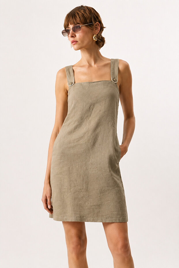 Thick Strap Mini Linen Dress 100% Linen-Khaki