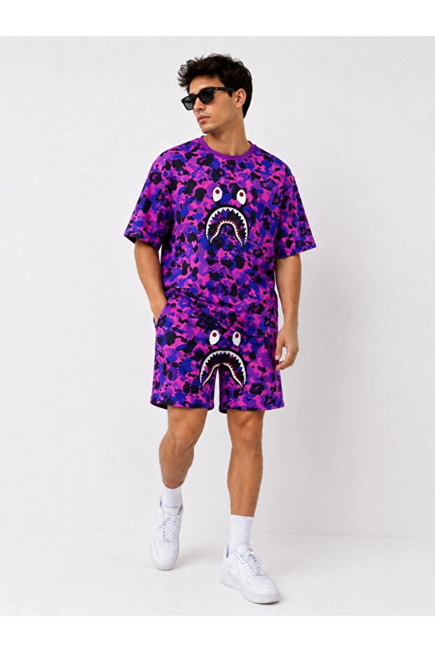 Men's oversized fit pubg bape x shark embroidered pocket shorts set - purple