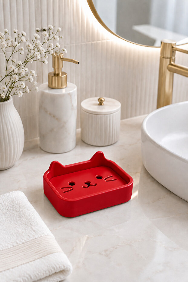 Solid Soap and Dish Sponge Stand with Cat Figure | Minimal Design Bathroom and Kitchen Stand | Cute Soap and Dish Sponge Organizer with Drainage