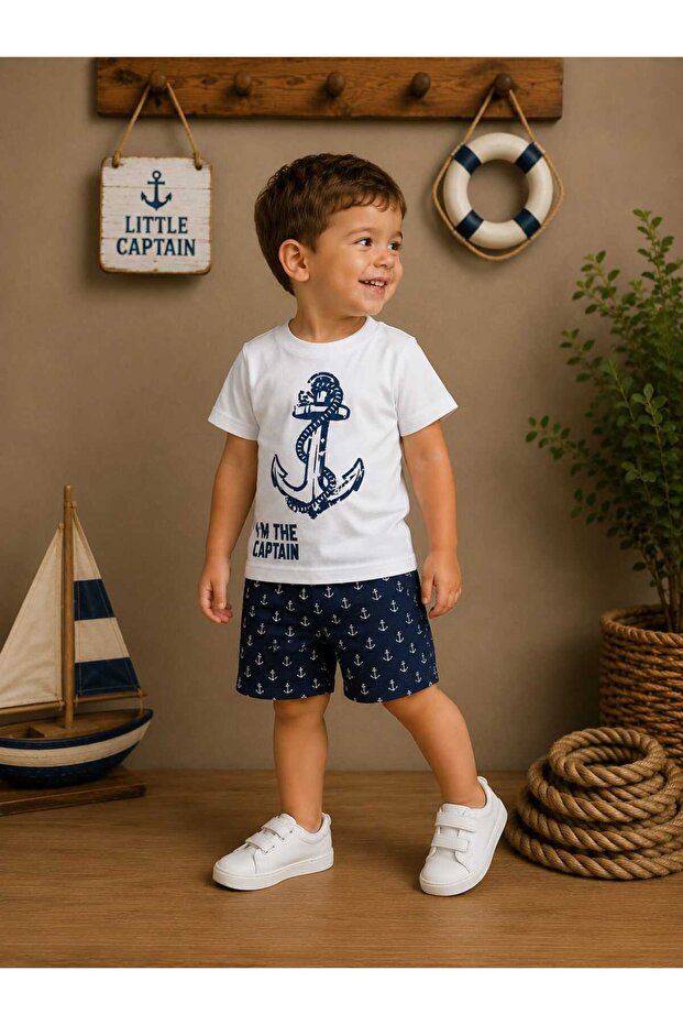 Anchor Patterned T-Shirt & Shorts Two-Piece Summer Boys' Set