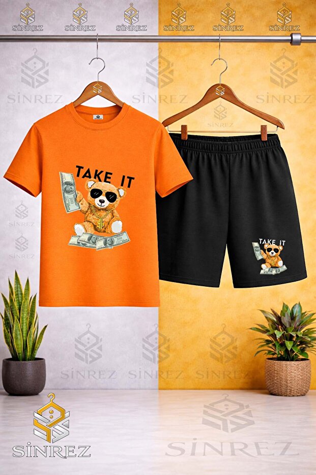 Crew Neck Ayicik Take It Black Printed T-Shirt - Shorts Set