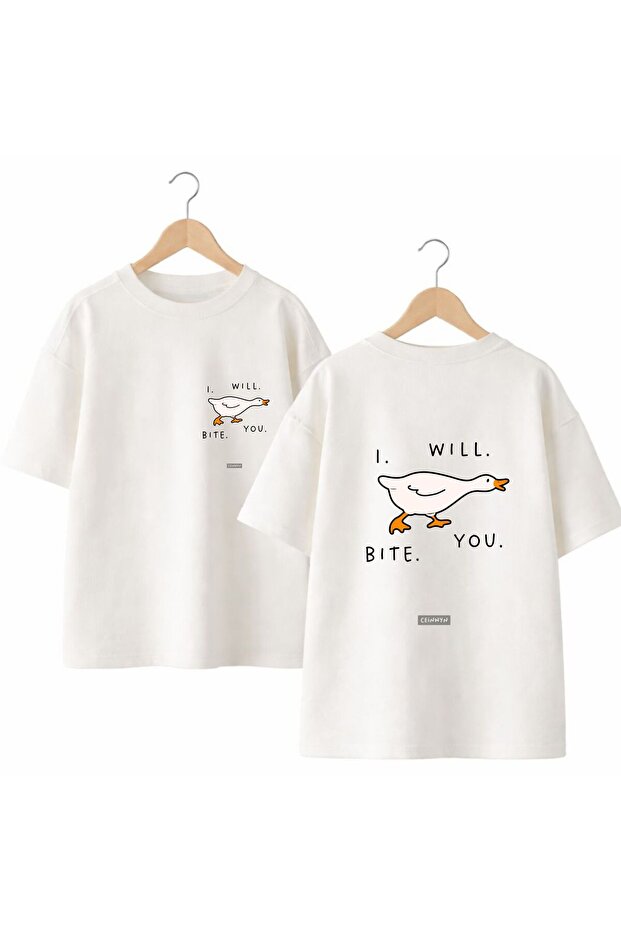 I Will Bite You Back and Front Chest Printed 100% Cotton Oversize Loose Regular Fit Crew Neck T-Shirt