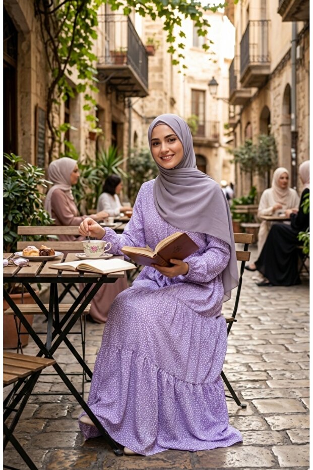 Hakim collar polka dot hijab dress 0288-01 lilac