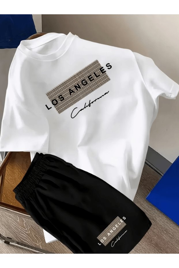 Los Angles California Design Printed Men's Premium Oversize Top and Bottom Set T-Shirt and Shorts Set