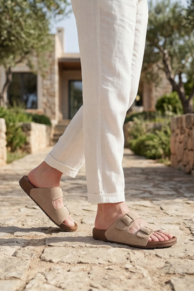 Men's Beige Suede Double Buckle Anatomical Sole Slippers - Comfortable and Stylish with Adjustable Belt for Daily Use