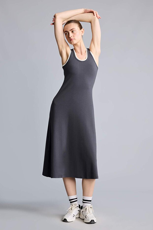 Cotton Standard Fit Crew Neck Strappy Anthracite Midi Dress H9762Ax26Hs