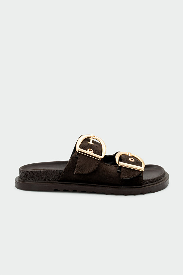 Holix Gold Buckle Detailed Bitter Brown Slippers