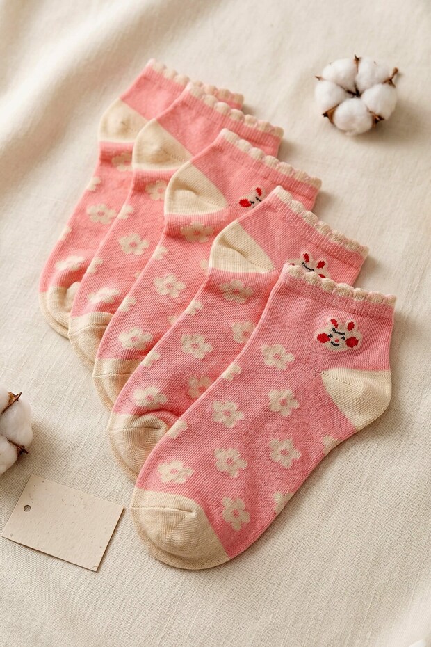 Women's Pink Floral Patterned Ruffled 5-Piece Cotton Booties Socks