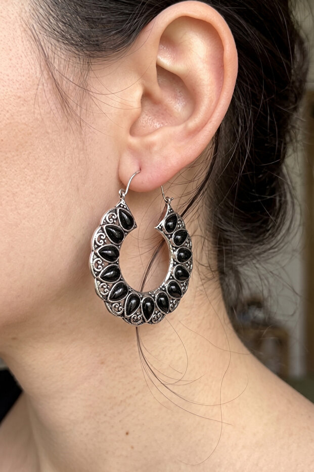 Ethnic Black Style Hoop Earrings 5.5 Cm.