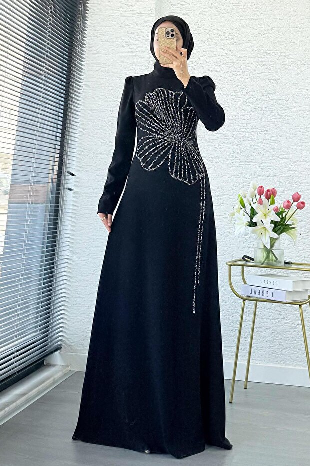 Premium Clover Patterned Evening Dress - Black
