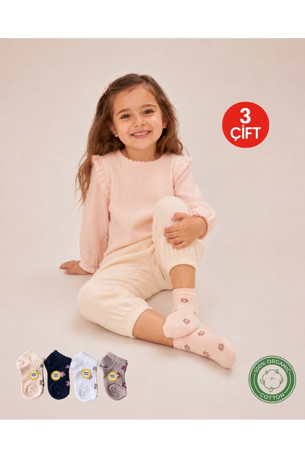 Set of 3 Organic Cotton Girls' Floral Patterned Bootie Socks - Washable and Natural Cotton