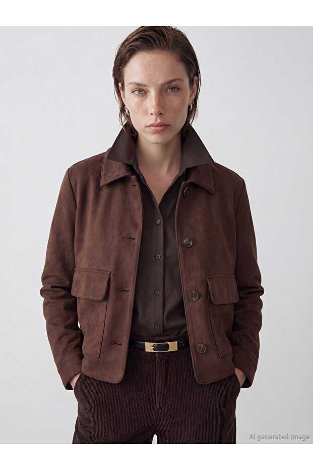 Nevavm Shirt Collar Women's Suede Look Jacket with a Difference