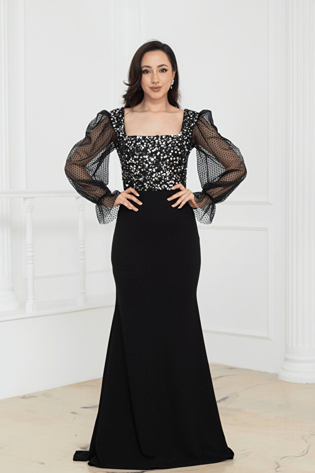 Sequin Fish Dress with Tulle Sleeves - Black