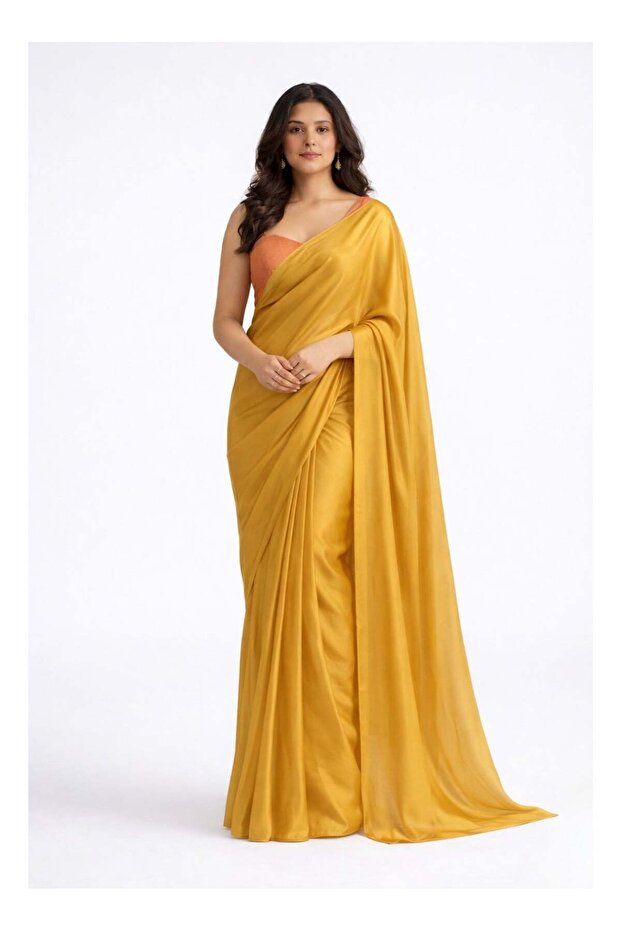 Nool Saffron Solid Chiffon Saree with Complimentary Handpicked Blouse Material - 1