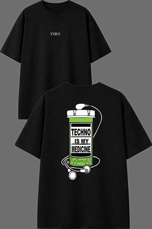 تي شيرت أسود كبير الحجم مطبوع من الأمام والخلف بتصميم Techno Is My Medicine