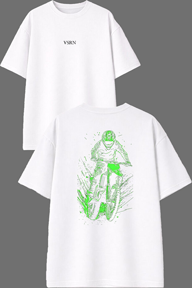 Phosphor Green Cross Design Front and Back Printed White Oversize T-Shirt