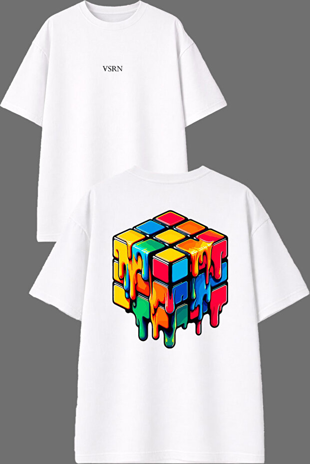 Rubik's Magic Design Front and Back Printed White Oversize T-Shirt