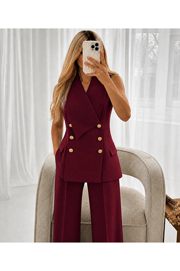 Double-Breasted Collar Gold Buttoned Vest Trousers Blazer Suit