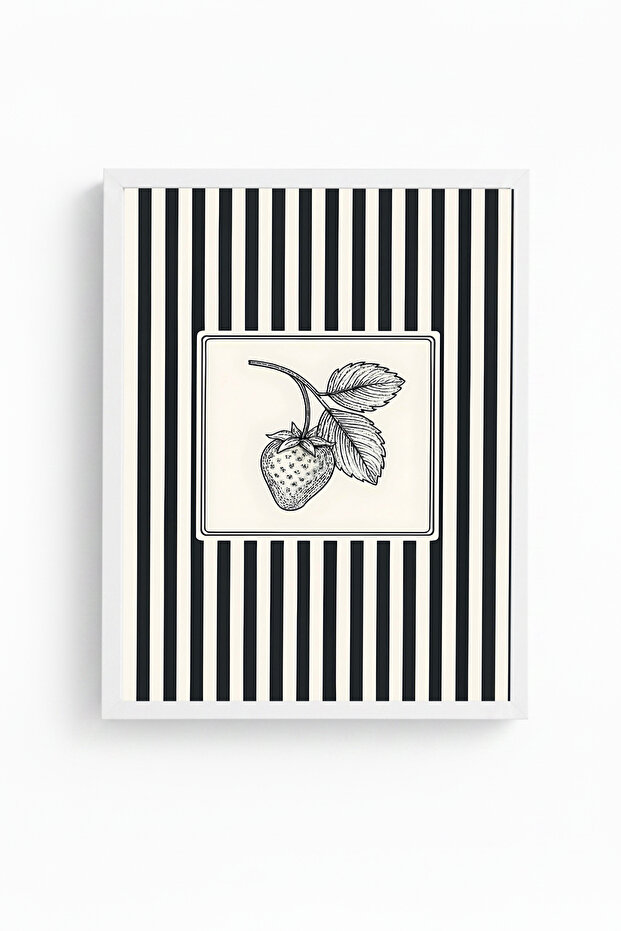 White Wooden Framed Striped Strawberry Patterned Painting - Black-White | Huhu1340