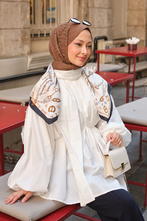Women's Ruffle Detail Front Pleated Blouse with Shawl White