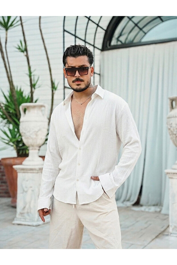 قميص أساسي مريح من القطن والكتان باللون الأبيض