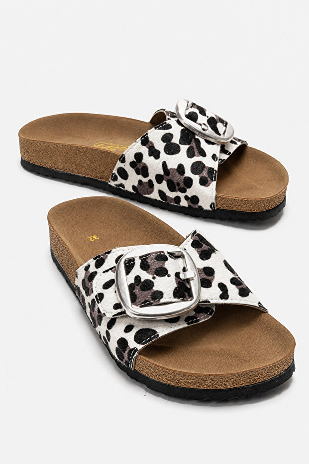 Women's Single Buckle Belted Slippers White Leopard
