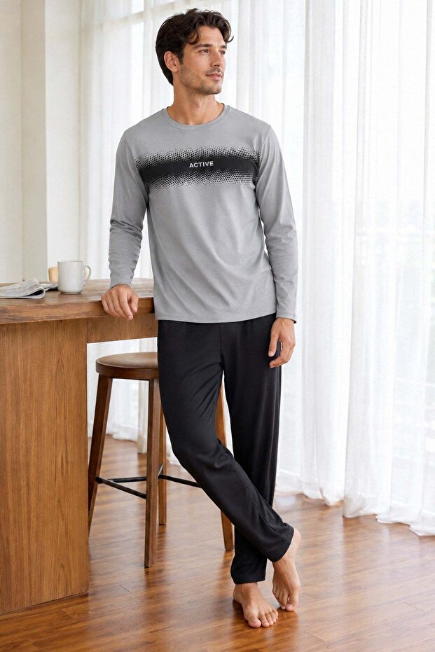 Men's Long Sleeve 100% Cotton Pajama Set Gray