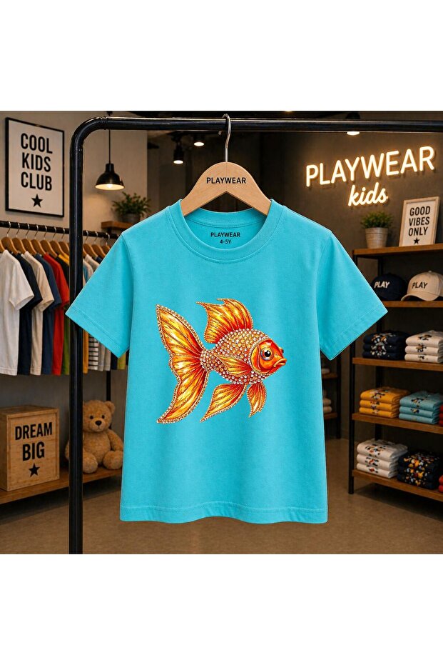 Orange Fish Printed 100% Kids Unisex T-Shirt 5 6 -7 8-9 10 -11 12 Years Old