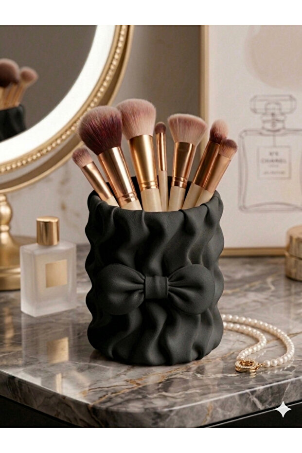 Aesthetic Drawstring Brush Holder with Bow Detail, Luxurious Makeup Organizer, Tabletop Pen Holder Stand