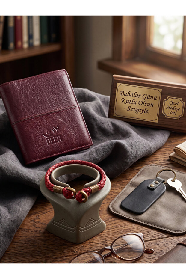 Lyon Model Magnetic Genuine Leather Wallet, Wristlet, and Keychain Set Father's Day Gift