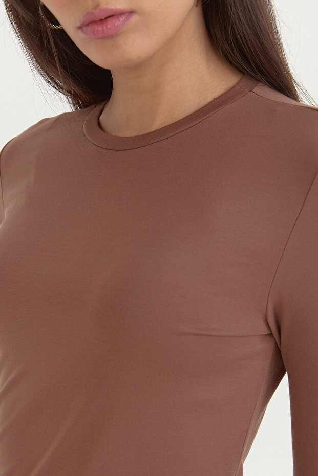 Basic Knitted Rayon Blend Blouse - Brown - 3