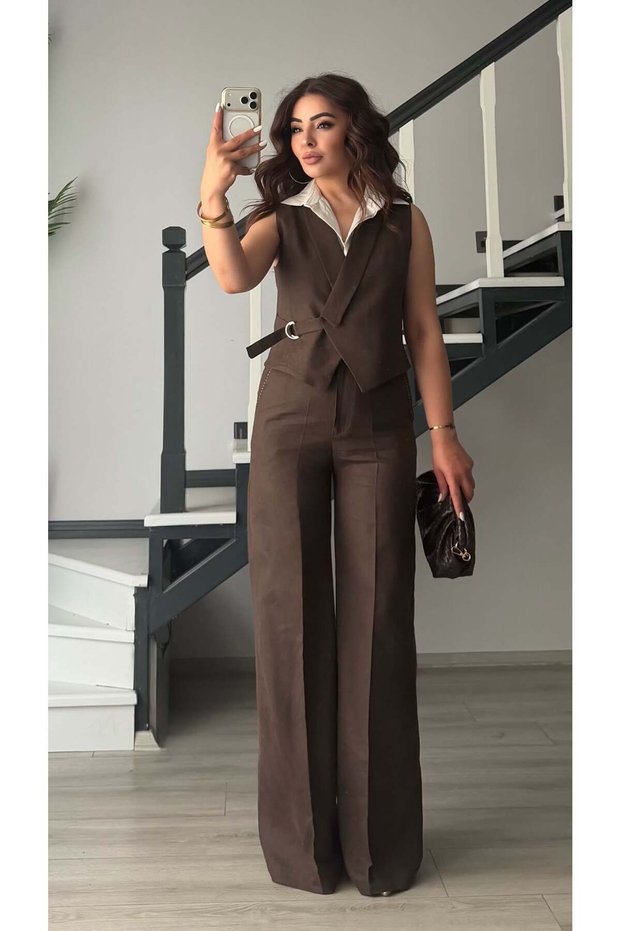 Bitter brown cotton linen shirt detailed vest-pants set