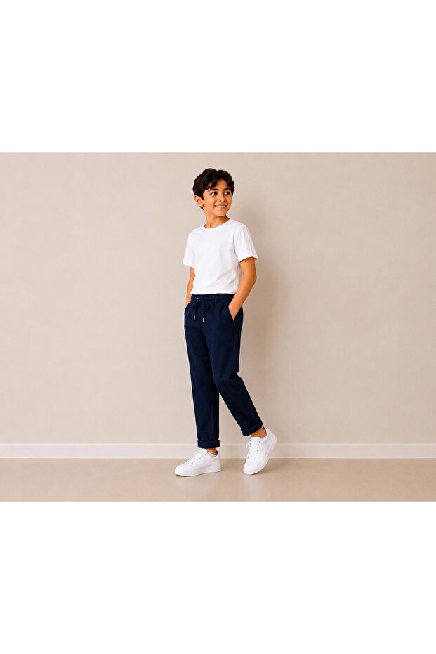 Boys' Pique Fabric Double-Headed Jogger Pants with Adjustable Waist and Belt