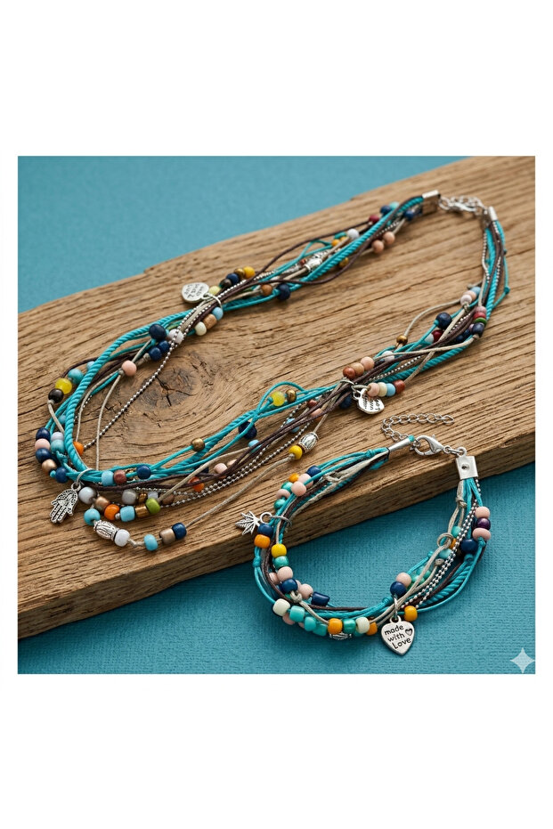 Handmade Authentic Bohemian Short Blue Women's Necklace and Bracelet Set