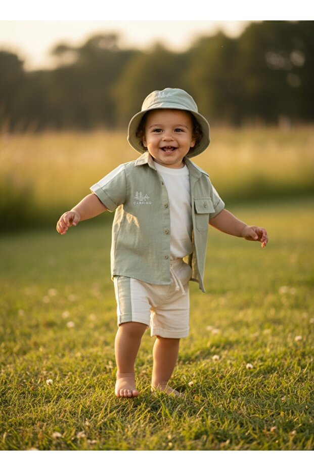Baby Boy Linen Cotton Shirt T-Shirt Shorts Hat 4-Piece Set