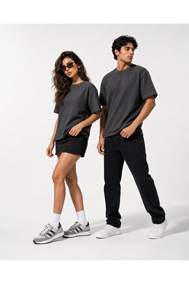 Basic Style Unisex Waffle Kumaş Basic Tişört T-Shirt