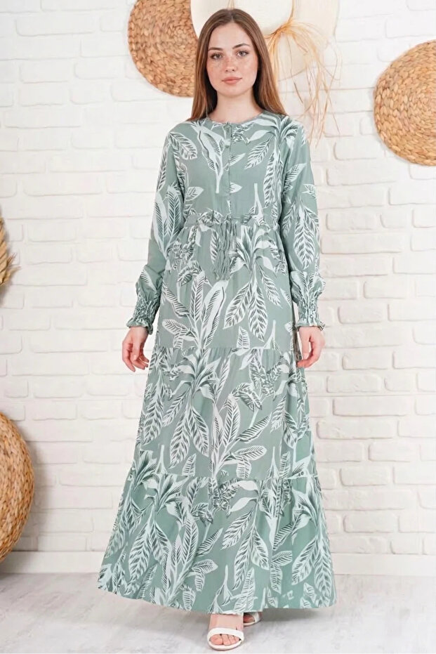 Women's V-Neck Belted Leaf Patterned Viscose Khaki Hijab Dress
