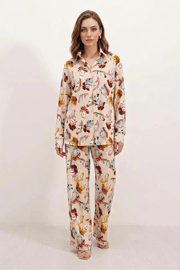 Women's Shirt Collar Oversize Floral Patterned Cream Double Set