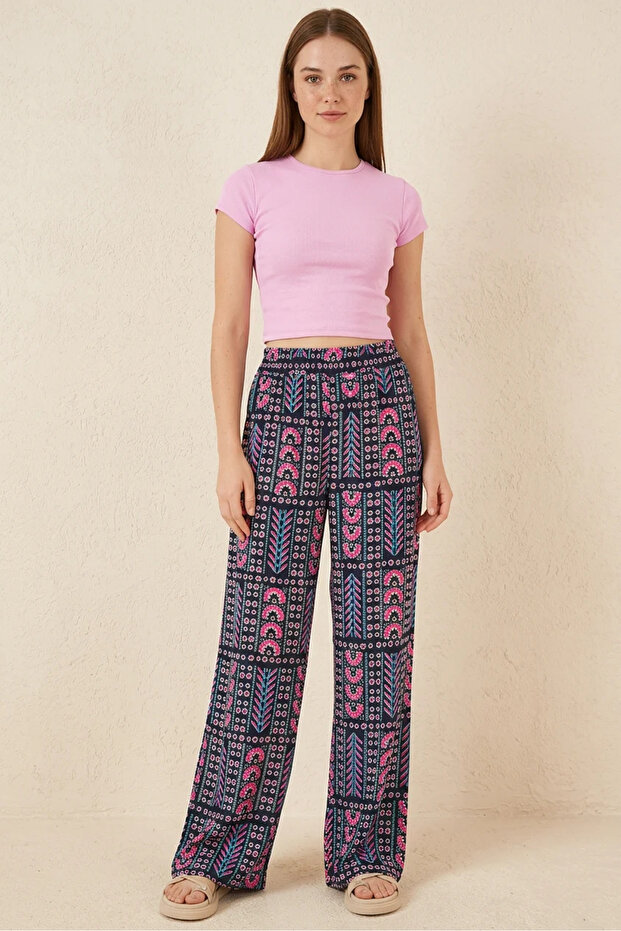 Women's Patterned Viscose Navy Blue Trousers
