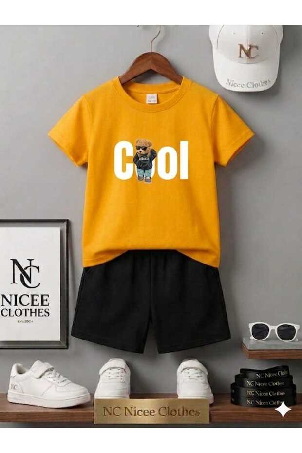 Summer Children's T-Shirt Shorts Unisex (Cool Bear Print)