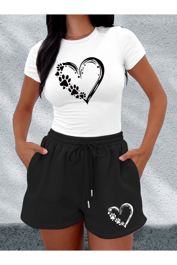 Special design heart printed women's premium oversize top and bottom set t-shirt and shorts set