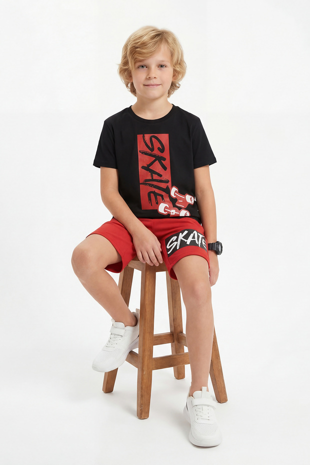 Round Neck Skate Print Detailed Summer Boys' Top and Bottom Set