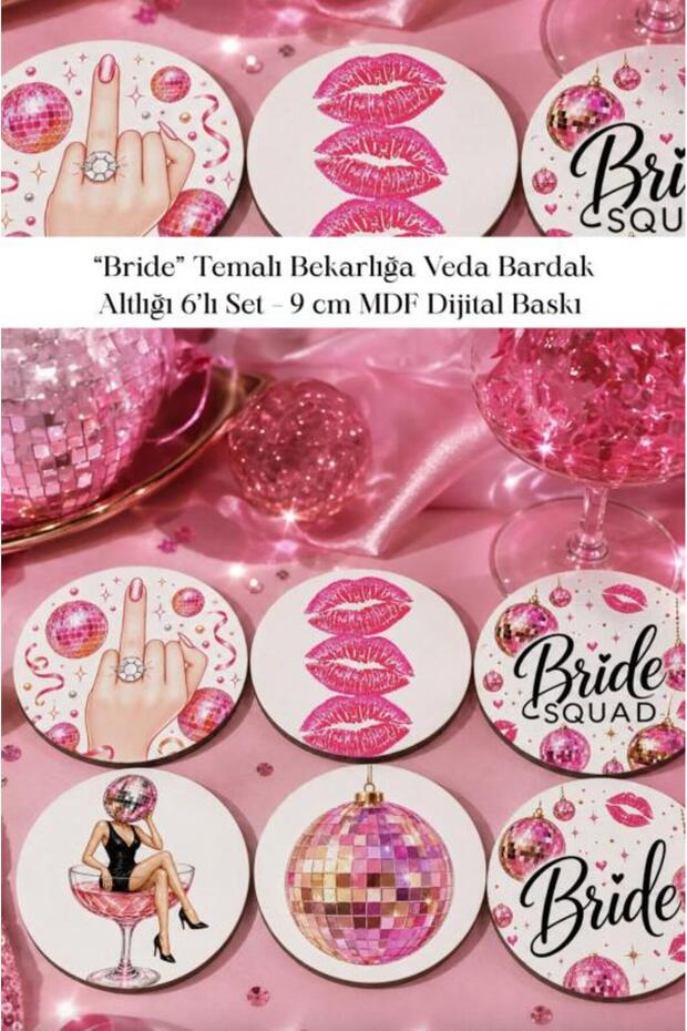 Bride Themed Bachelorette Coasters Set of 6 – 9 cm Mdf Digital Printing