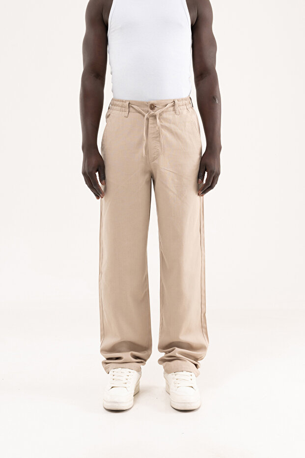 Men's Linen Striped Lace-Up Trousers Beige