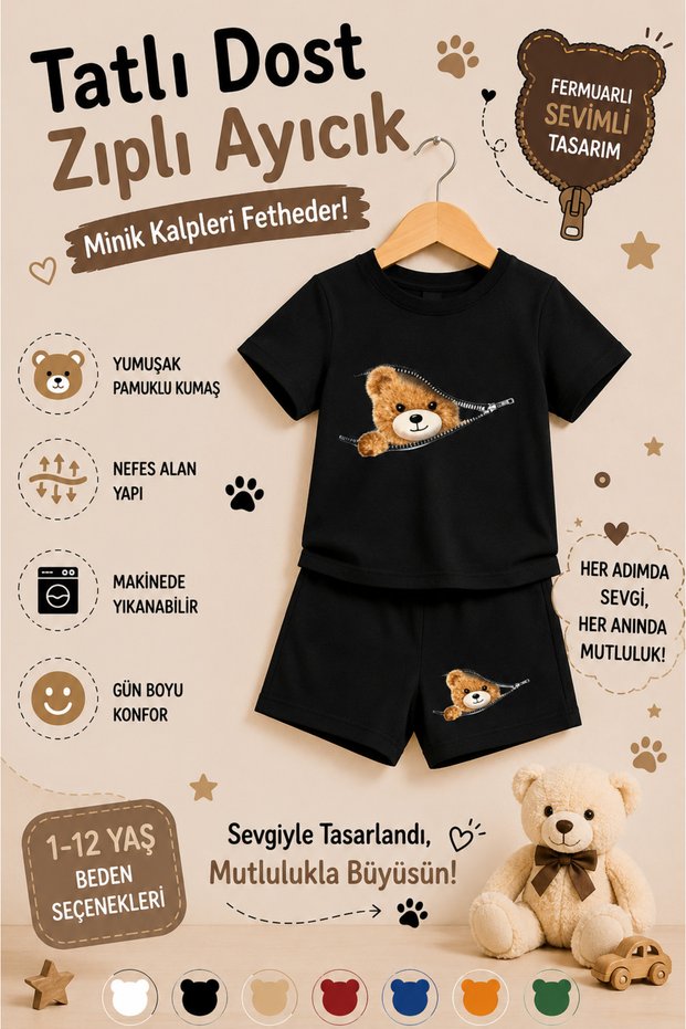 Cute Teddy Bear Printed Children's Set with Zipper – T-Shirt & Shorts 2-Piece Combination | Trendy Summer Set for Ages 1-12