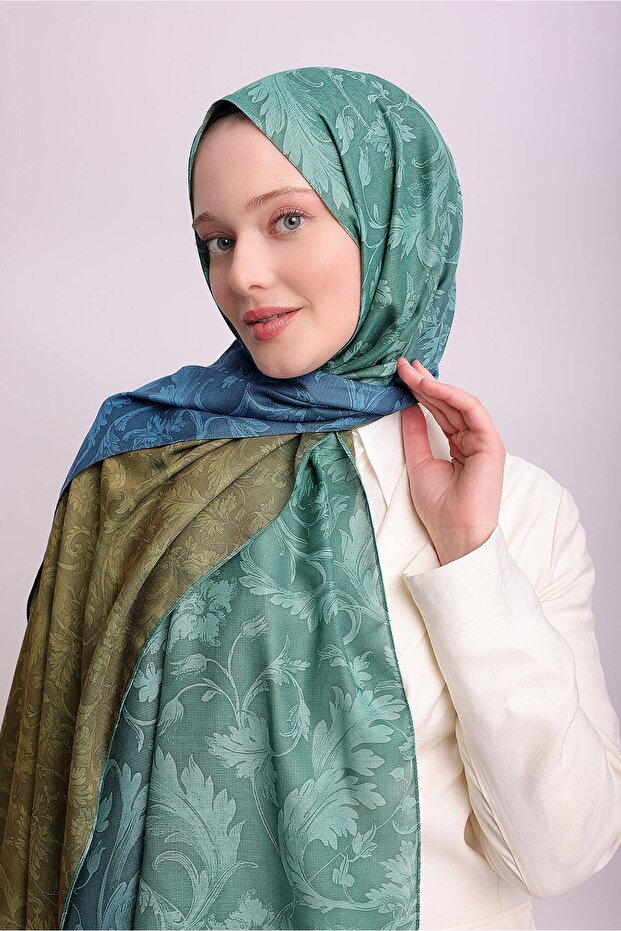 Ahenk Gradient Patterned Double-Sided Shawl - Blue Khaki Turquoise